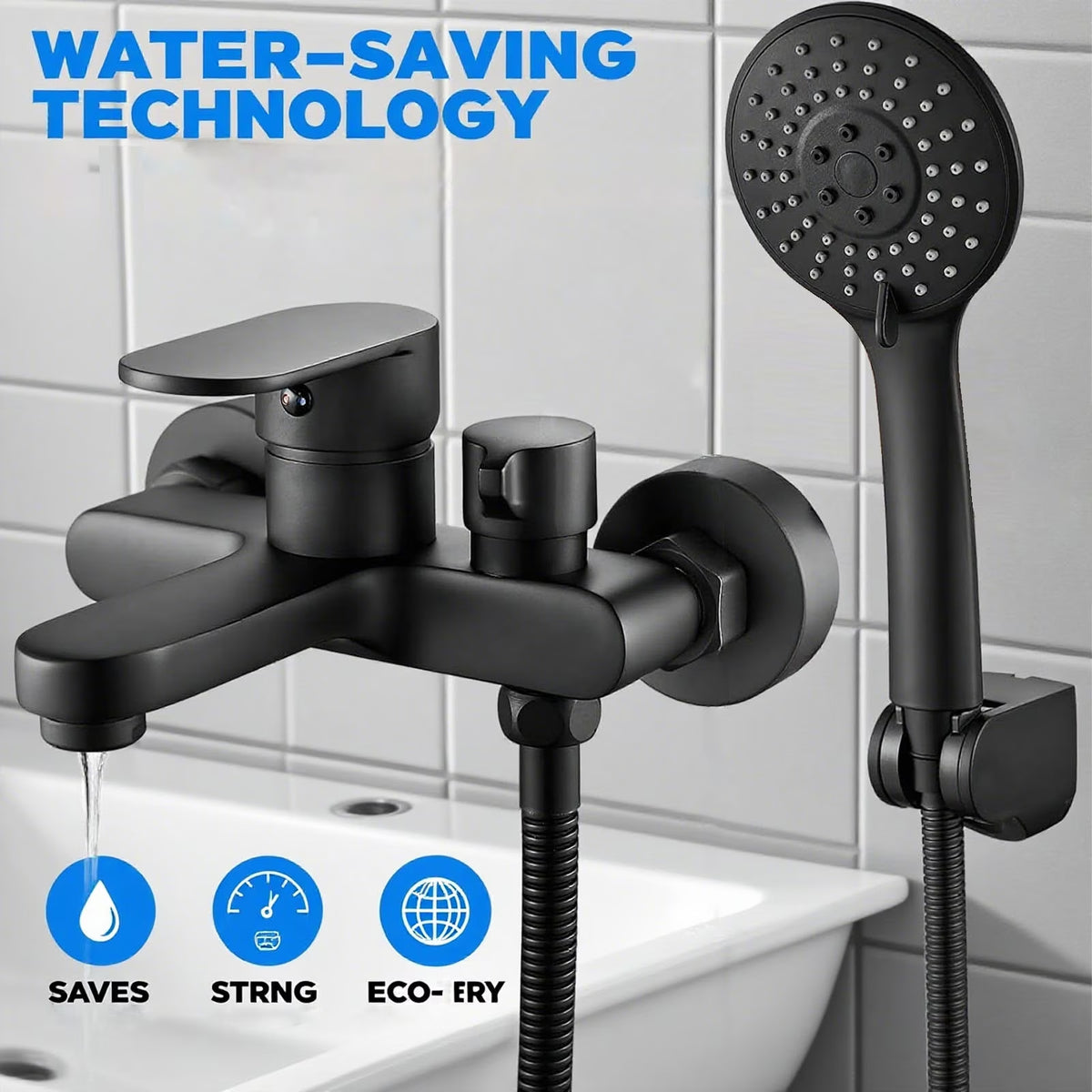 Diceevil Matte Black Bathtub Faucet with Hand Shower Sprayer, Single Handle Shower Mixer Tap with 1.5m Hose, Center Bathroom Tub Faucet, Bathtub Mixer Tap with Shower Head 3 Functions, Bath Fittings Set