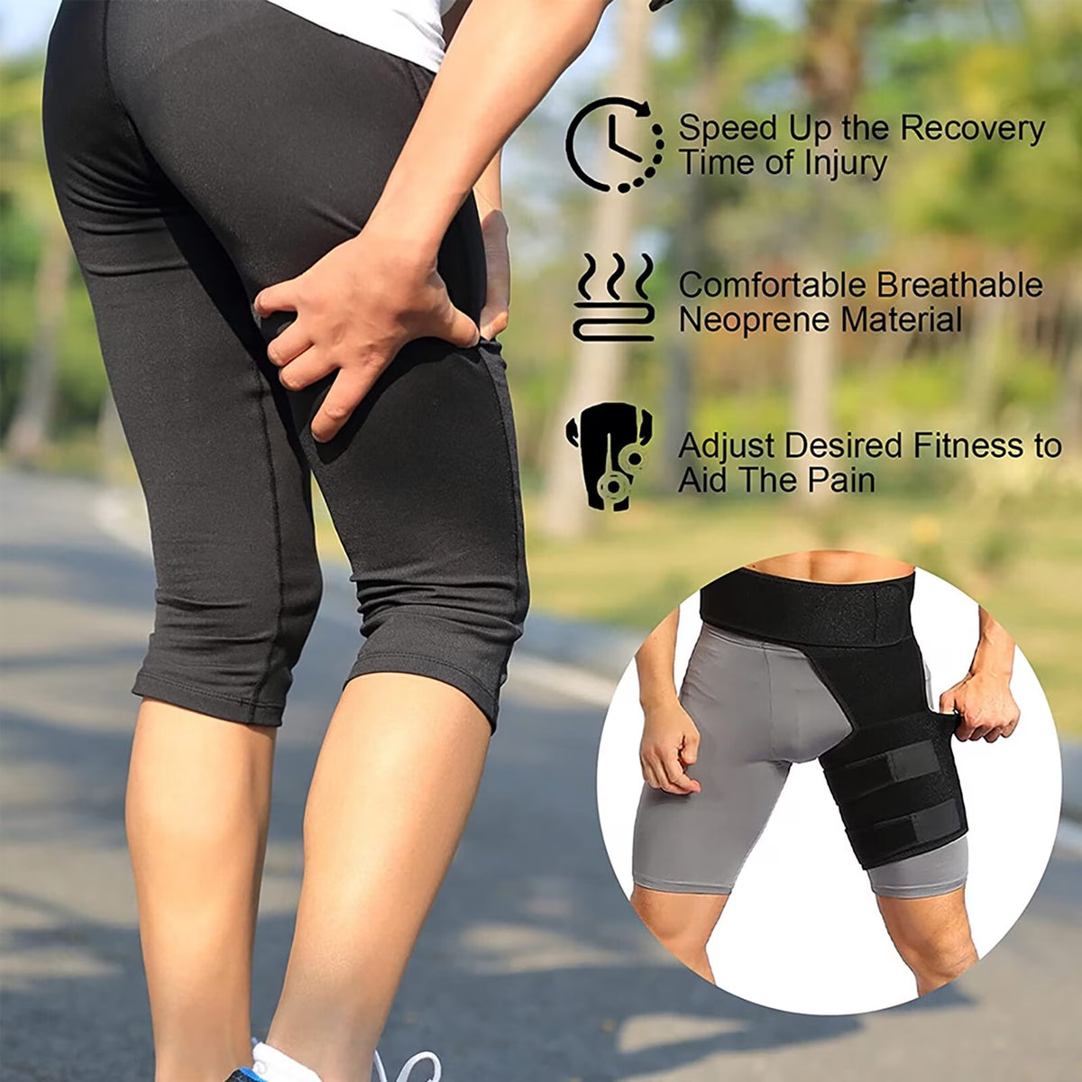 FAMKIT Hip Brace, Adjustable Thigh Compression Sleeve, Sciatica Nerve Pain Relief & Muscles Suppor & Groin Wrap Brace Pulled, for Men Women, Black