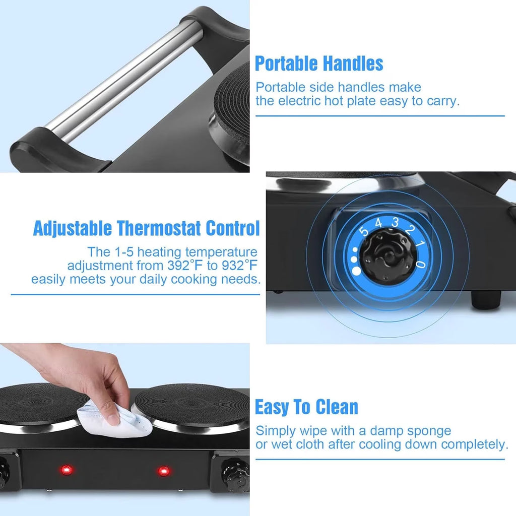 Haokaini Double Countertop Burner, 2000W Electric Hot Plate and Stove with 5 Temperature Controls, Portable Lightweight Burner Cooktop for Cooking, Dorms, Apartments, RV, Compatible Cookware, Black