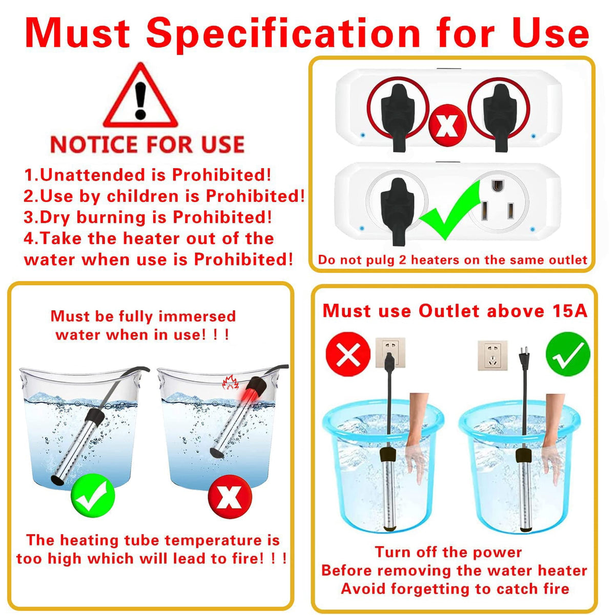 OhhGo Immersion Water Heater, 1500W Electric Bucket Heater Stainless-Steel Portable Submersible Water Heater for Inflatable Pool Bathtub, Basin