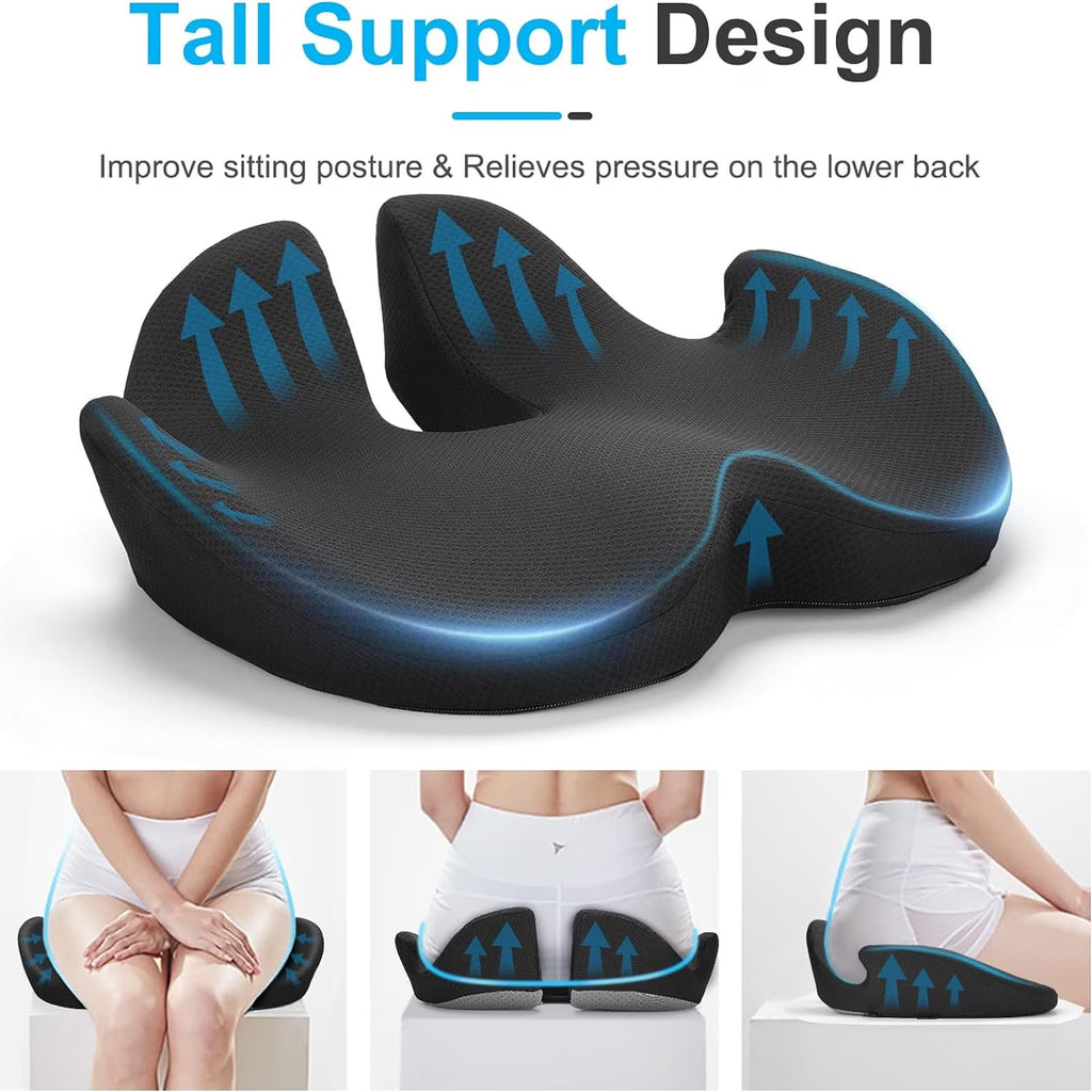 FAMKIT Memory Foam Seat Cushion, Pressure Sciatica & Tailbone Pain Relief, Ergonomic Butt Pillow Coccyx Pad Chair Cushions, for Car, Office, Home, Long Sitting, Black