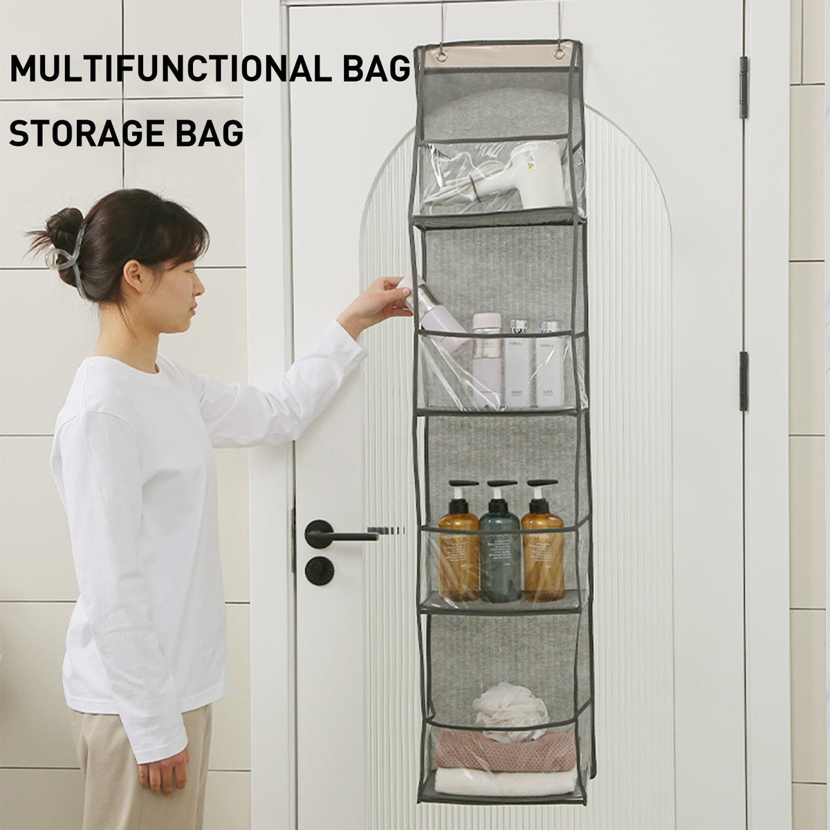 OhhGo Over The Door Hanging Pantry Organizer 4-Shelf Behind The Door Storage Organizer with Clear Plastic Pockets Large Capacity for Closet Bedroom Bathroom (Grey)