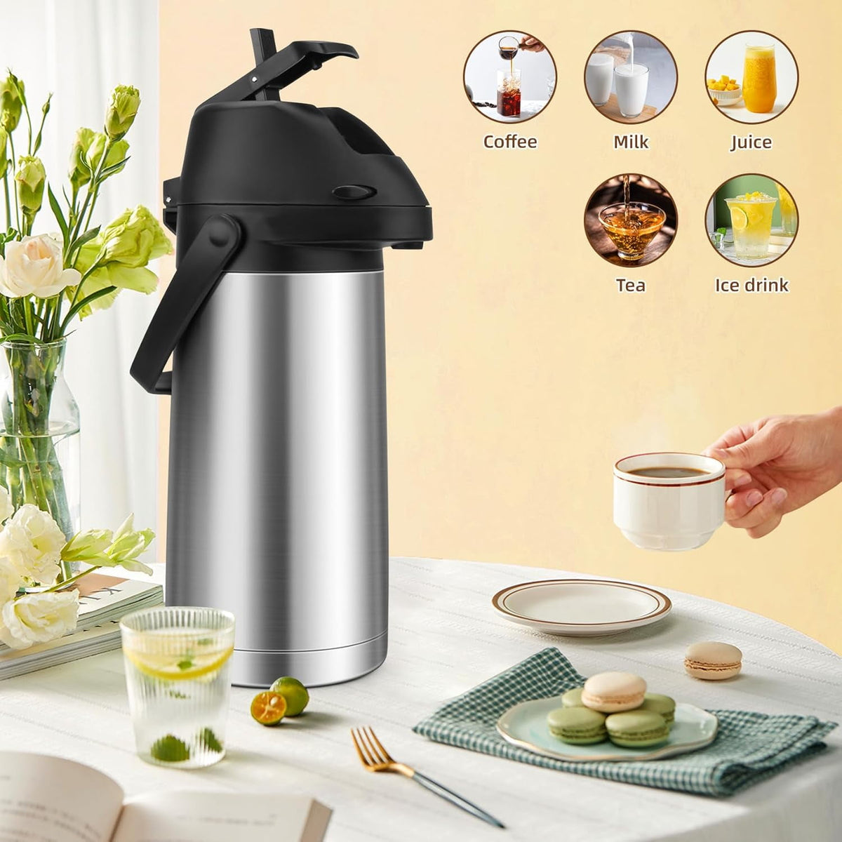 OhhGo Thermal Coffee Carafe with Pump, 64OZ/1.9L Stainless Steel Coffee Dispenser for Keeping Hot - Large Airpot Coffee Thermos, Leakproof Hot Water Beverage Dispenser for Hot Drinks Tea Liquid