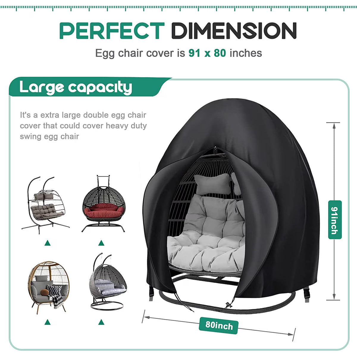 Hinzonek Egg Chair Cover,Patio Extra Large Double Egg Chair Cover for Outdoor Furniture, Heavy Duty Swing Hanging Egg Chair Cover Waterproof, Anti-UV, Dust-Proof,91x80 Inches,Black