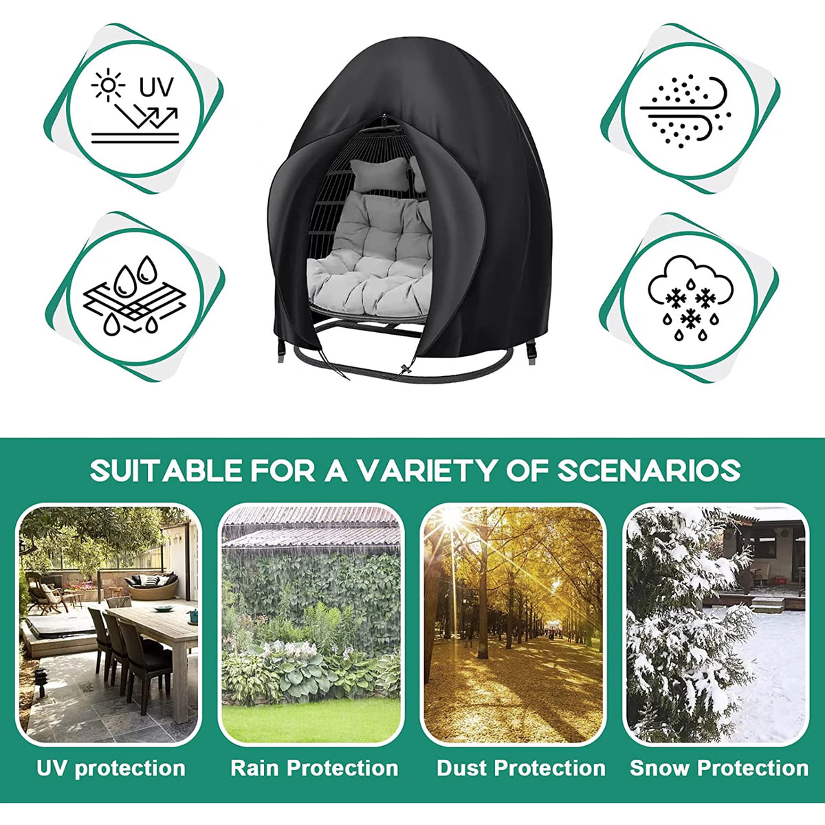Hinzonek Egg Chair Cover,Patio Extra Large Double Egg Chair Cover for Outdoor Furniture, Heavy Duty Swing Hanging Egg Chair Cover Waterproof, Anti-UV, Dust-Proof,91x80 Inches,Black