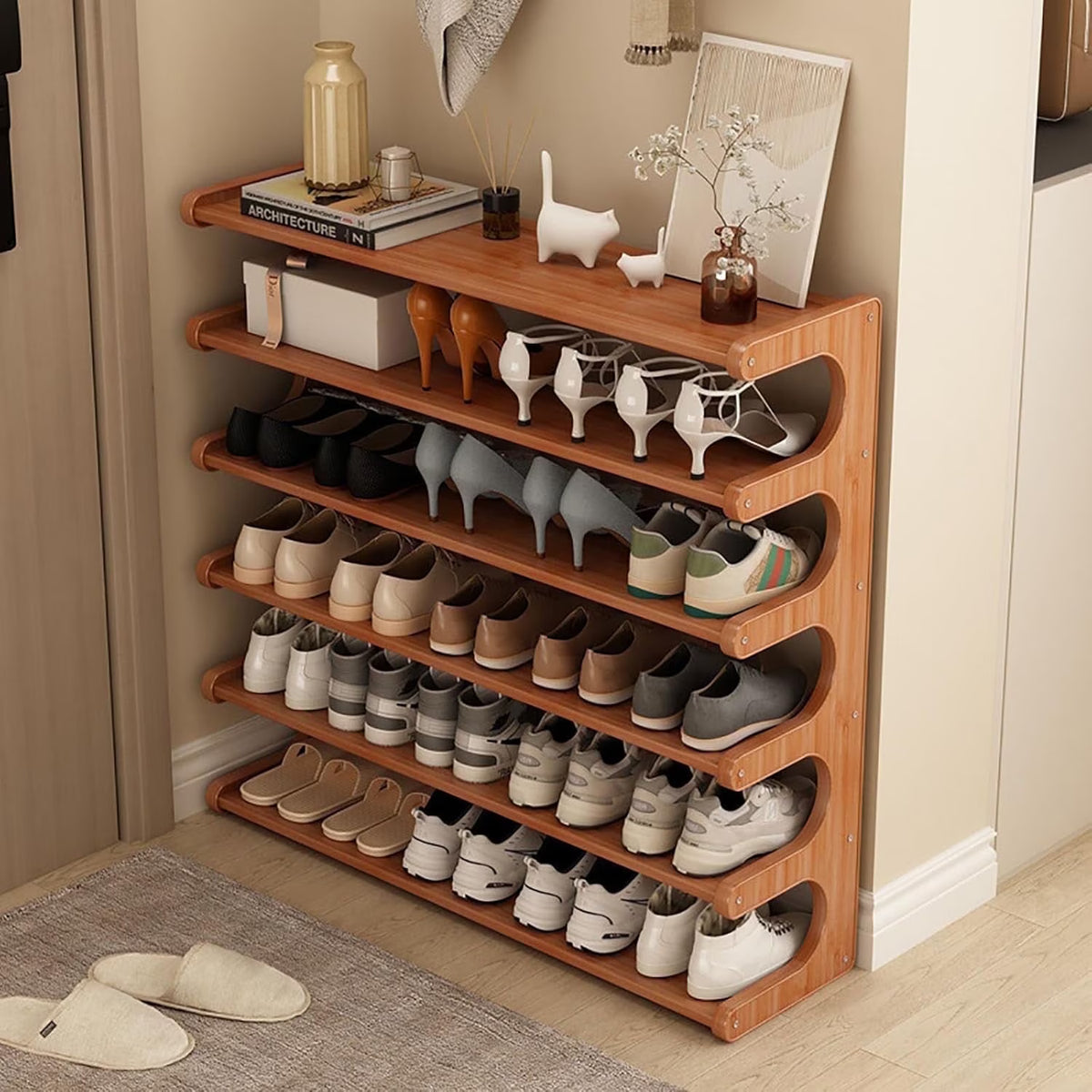 Zjyufy 6 Tiers Shoe Racks, Bamboo Vertical Shoe Rack Organizer for Closet Floor, Wooden Stackable Shoe Storage Shelves, for Entryway, Hallway, Bedroom Hallway Closet ,Multifunctional Front Door Shoe Rack
