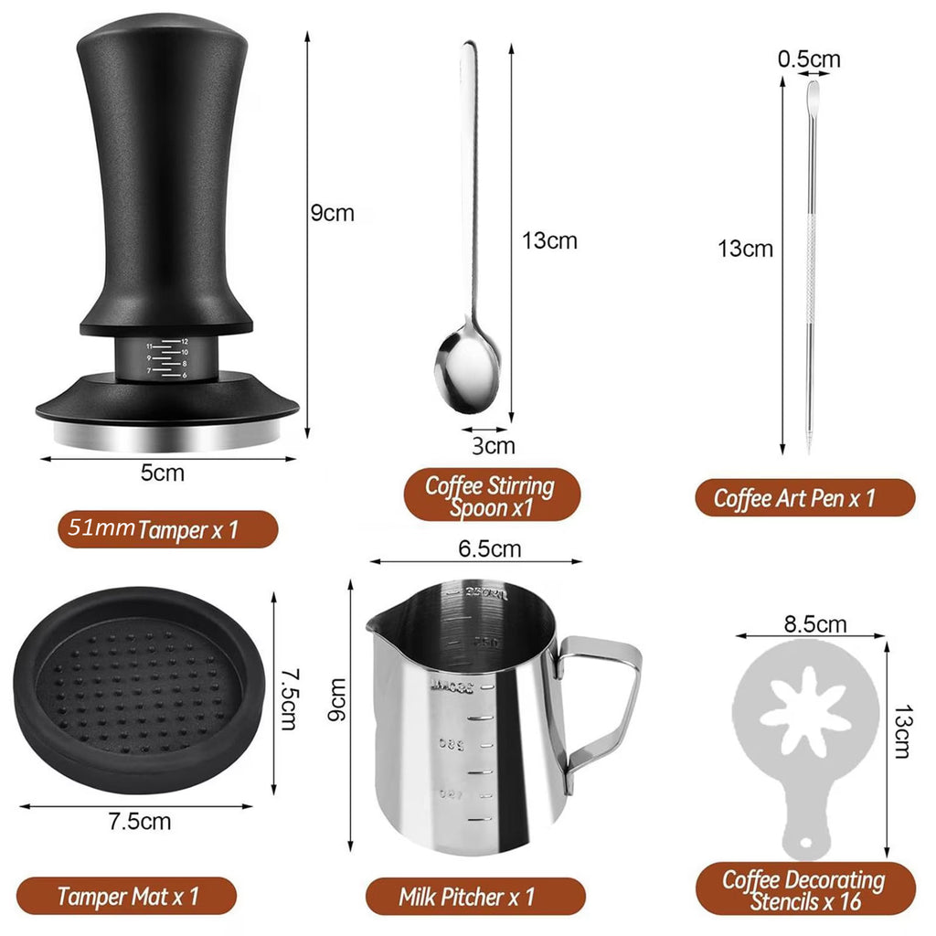 Zjyufy Coffee Tamper Set,51mm Espresso Accessories Kit with Coffee Tamper, WDT Tool, Tamper Mat, Coffee Stirrer, Latte Art Pen, Milk Frothing Pitcher, 16 Coffee Stencils, Black