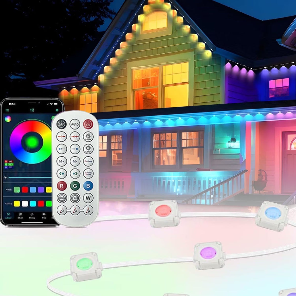 Zjyufy 150FT Permanent Outdoor Lights, IP67 Waterproof Smart RGB Eaves Lights with App/Remote Control, Outdoor Lights for Outdoor Decor, Garden Decor, Christmas, House, Party, Holiday