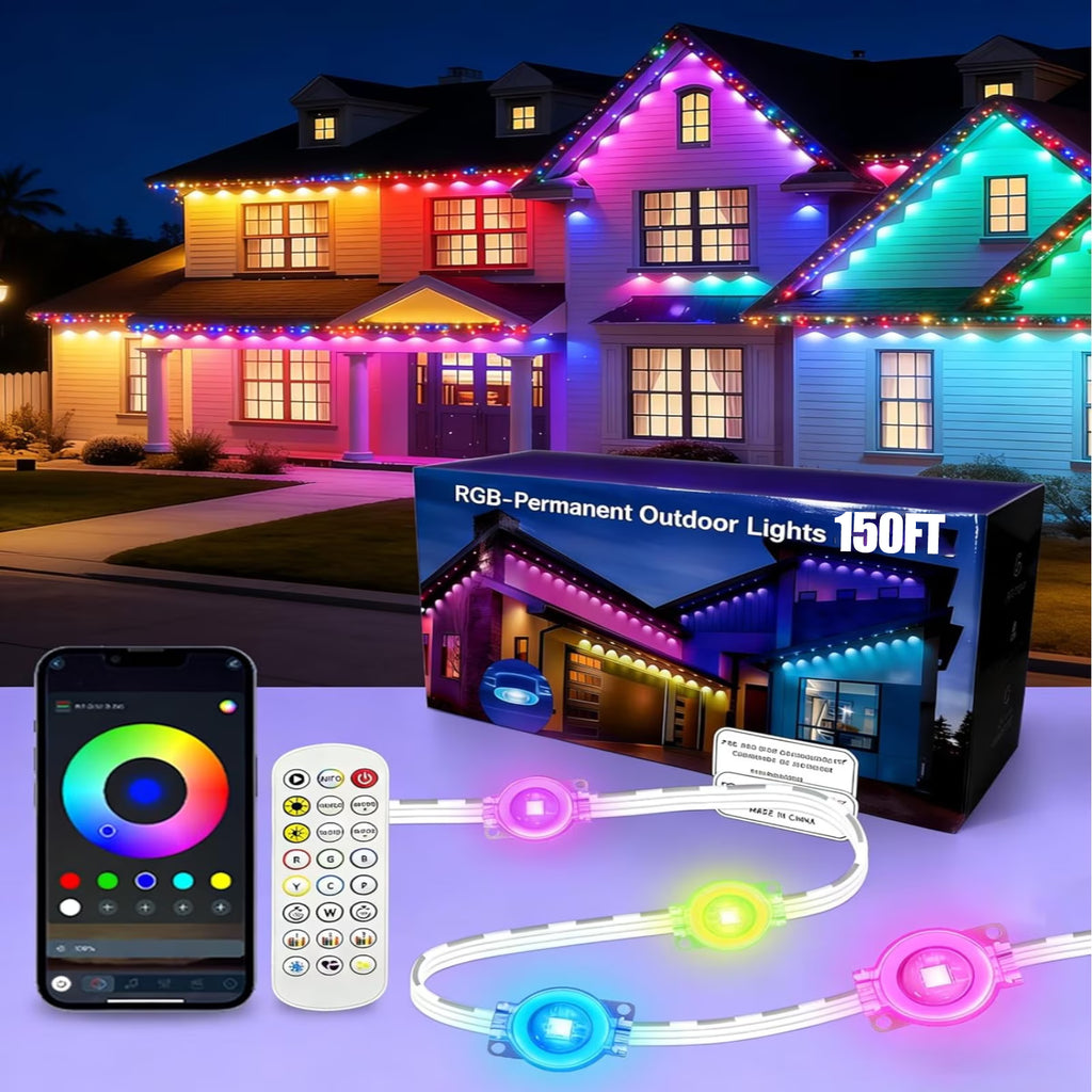 Zjyufy 150FT Permanent Outdoor Lights, IP67 Waterproof Smart RGB Eaves Lights with App/Remote Control, Outdoor Lights for Outdoor Decor, Garden Decor, Christmas, House, Party, Holiday