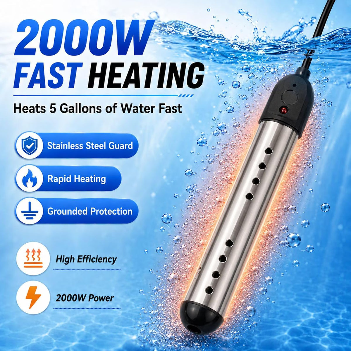 Zjyufy Immersion Water Heater,2000W Portable Electric Bucket Heater for Camping, RV, Bathtub, Fast Heating Rod with LCD Display, Auto Shut-Off & Thermometer,Black