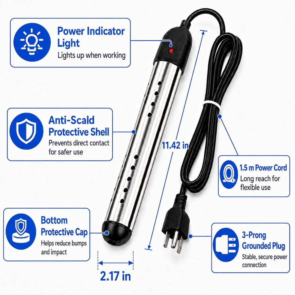 Zjyufy Immersion Water Heater,2000W Portable Electric Bucket Heater for Camping, RV, Bathtub, Fast Heating Rod with LCD Display, Auto Shut-Off & Thermometer,Black