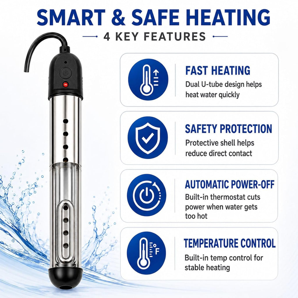 Zjyufy Immersion Water Heater,2000W Portable Electric Bucket Heater for Camping, RV, Bathtub, Fast Heating Rod with LCD Display, Auto Shut-Off & Thermometer,Black
