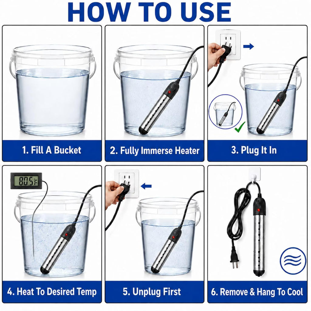 Zjyufy Immersion Water Heater,2000W Portable Electric Bucket Heater for Camping, RV, Bathtub, Fast Heating Rod with LCD Display, Auto Shut-Off & Thermometer,Black
