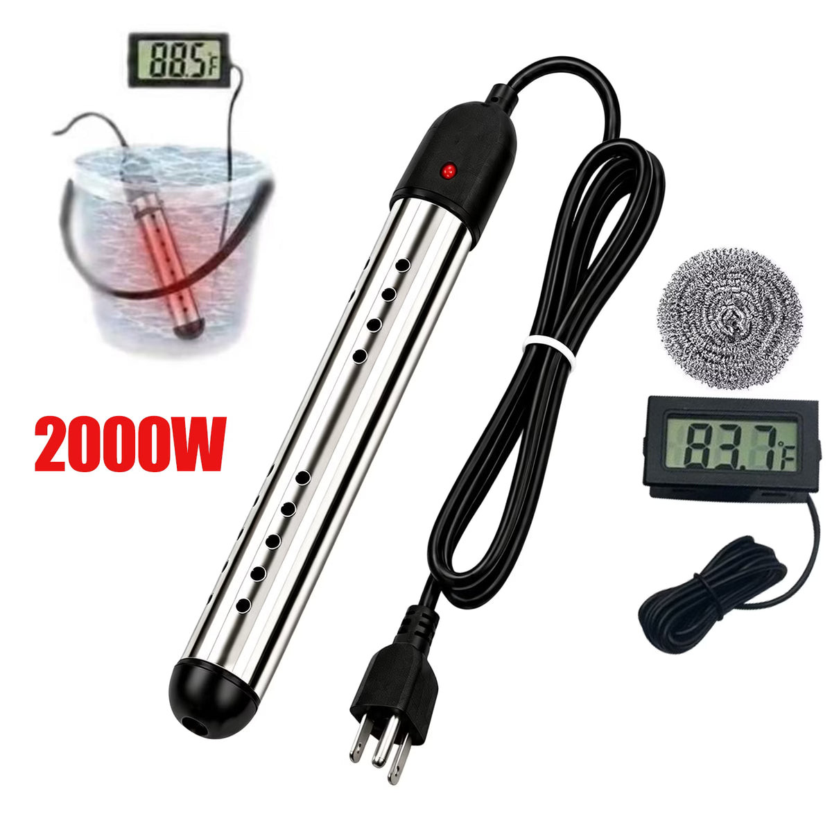 Zjyufy Immersion Water Heater,2000W Portable Electric Bucket Heater for Camping, RV, Bathtub, Fast Heating Rod with LCD Display, Auto Shut-Off & Thermometer,Black