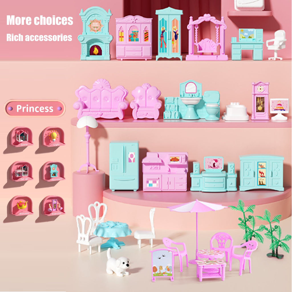Haokaini Dollhouse with 2 Story 6 Rooms, DIY Pretend Play Building Playset, Kids Playhouse Asseccories and Furniture with LED Light, Dream Gift Princess Doll House Toy for 3 4 5 6 7 8 9 Girls Gift, Pink
