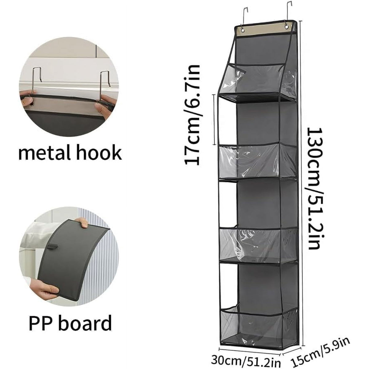 OhhGo Over The Door Hanging Pantry Organizer 4-Shelf Behind The Door Storage Organizer with Clear Plastic Pockets Large Capacity for Closet Bedroom Bathroom (Grey)