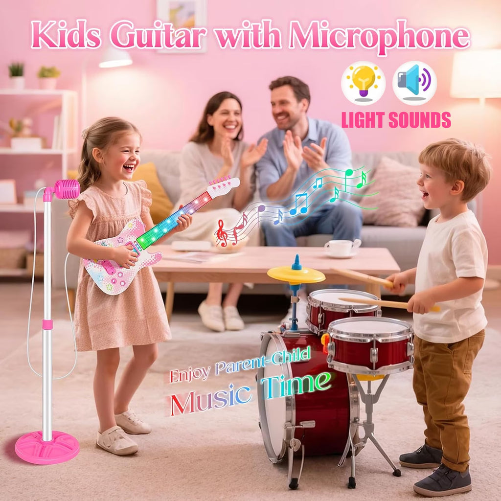 Haokaini Musical Guitar and Microphone Set for Kids, Electric Guitar Toys Starter Kit with Adjustable Height Microphone Stand, Music Light Sounds Karaoke Toy for Girls, Boys, Christmas Birthday Gift