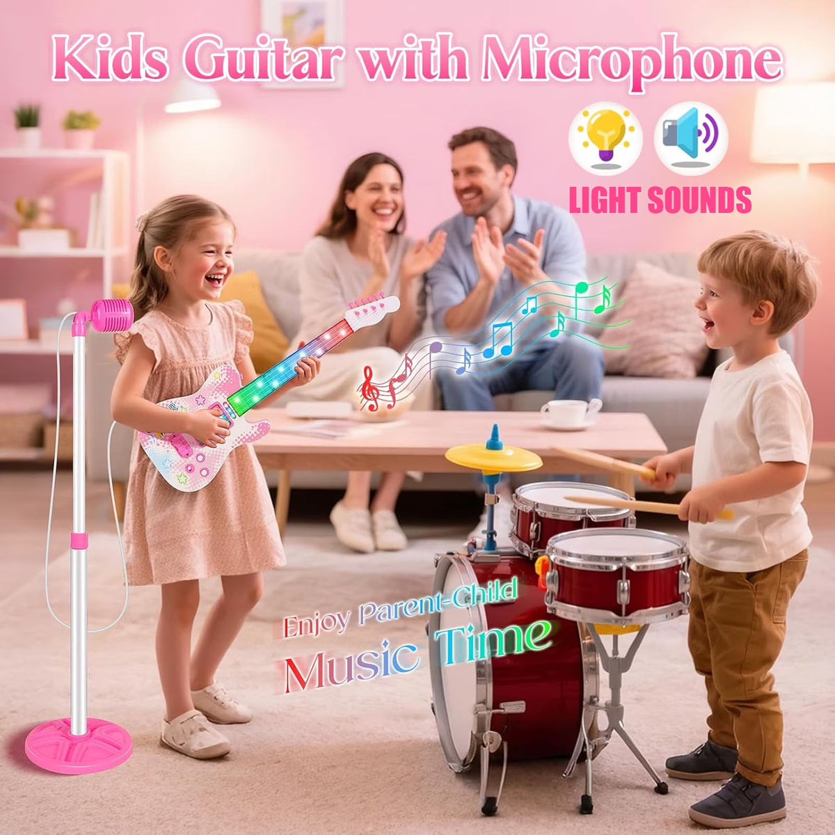 Haokaini Musical Guitar and Microphone Set for Kids, Electric Guitar Toys Starter Kit with Adjustable Height Microphone Stand, Music Light Sounds Karaoke Toy for Girls, Boys, Christmas Birthday Gift