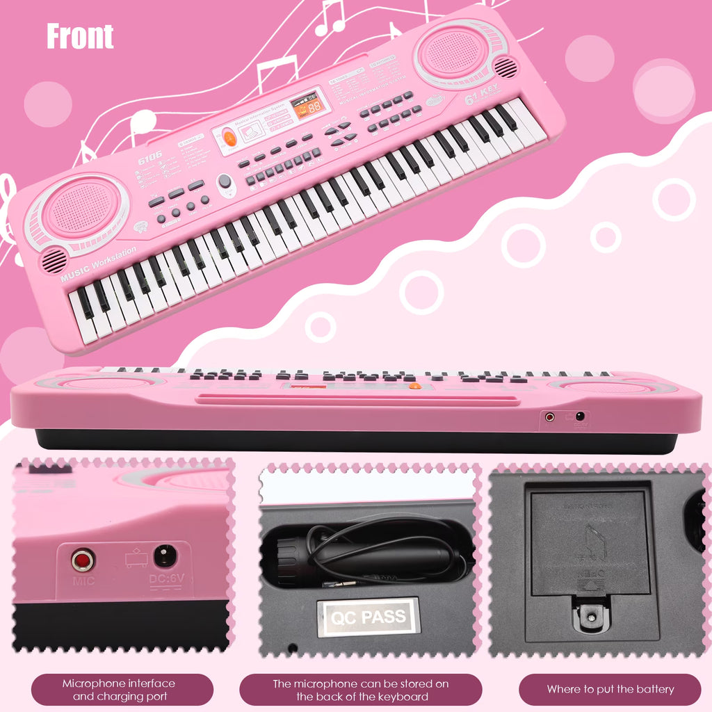Haokaini Electronic Kids Piano Keyboard, 61 Keys Music Keyboard with Microphone, Kids Musical Educational Instrument, Portable Electronic Piano for Beginners Girls And Boys, Pink