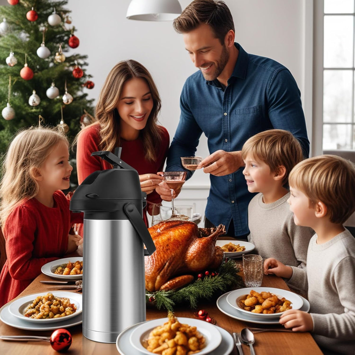 OhhGo Thermal Coffee Carafe with Pump, 64OZ/1.9L Stainless Steel Coffee Dispenser for Keeping Hot - Large Airpot Coffee Thermos, Leakproof Hot Water Beverage Dispenser for Hot Drinks Tea Liquid