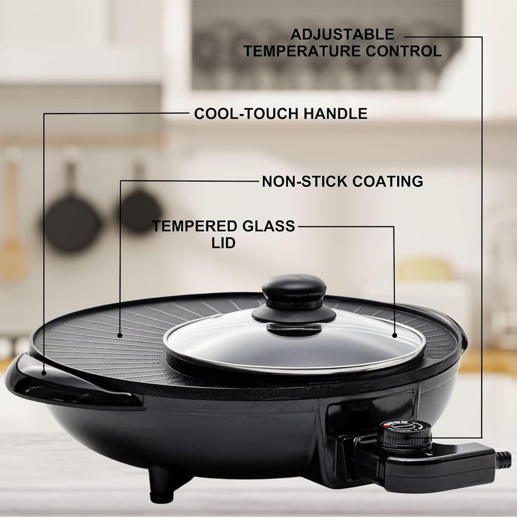 FAMKIT Electric Hot Pot and Grill Combo, 110V Hot Pot with Grill 2 in 1, Multifunctional Smokeless Korean Barbecue Grill, Capacity for 3-5 People, Suitable for Korean BBQ, Shabu and Soup