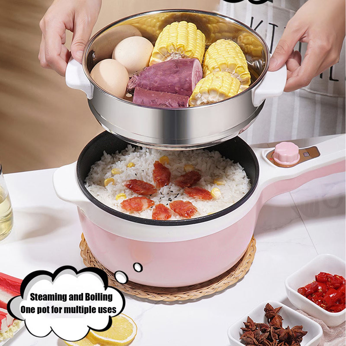 FAMKIT 1.8L Electric Cooking Pot, 2 Power Electric Hot Pot with Steamer, Portable Multifunctional Non-Stick Pan, Mini Hot Pot Noodles Travel Cooker for Dorm, Home, Apartments, Hotel, Pink