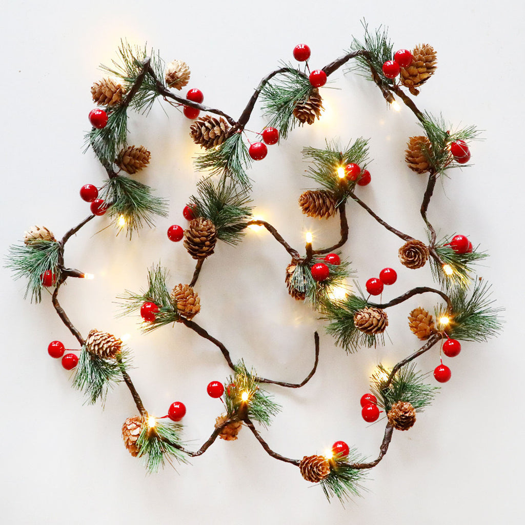 Haokaini Christmas Garland with Lights, 6.56FT Christmas String Lights with Red Berries, Needles, Pine Cones, 20 LED Battery Operated Garland for Christmas Decorations Indoor/Outdoor(Not Included Batteries)