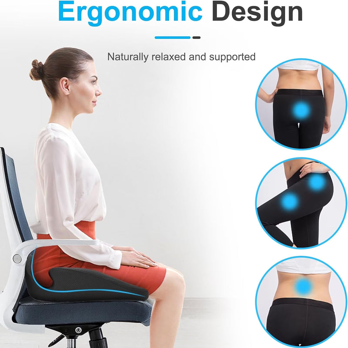 FAMKIT Memory Foam Seat Cushion, Pressure Sciatica & Tailbone Pain Relief, Ergonomic Butt Pillow Coccyx Pad Chair Cushions, for Car, Office, Home, Long Sitting, Black