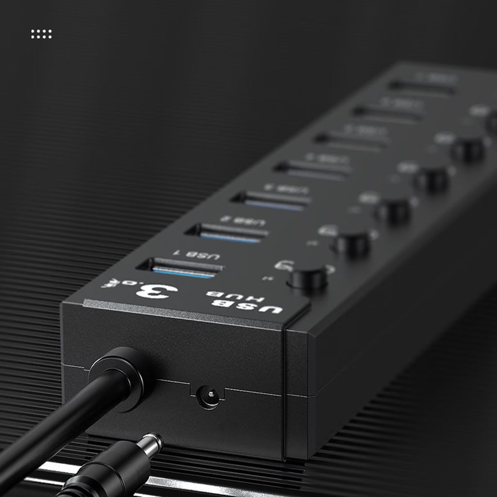 FAMKIT 7-Port Powered USB Hub 3.0, USB Data Hub Adapter with Smart Charging Port and Individual Switches and 5V/2A Power Adapter USB Extension for MacBook