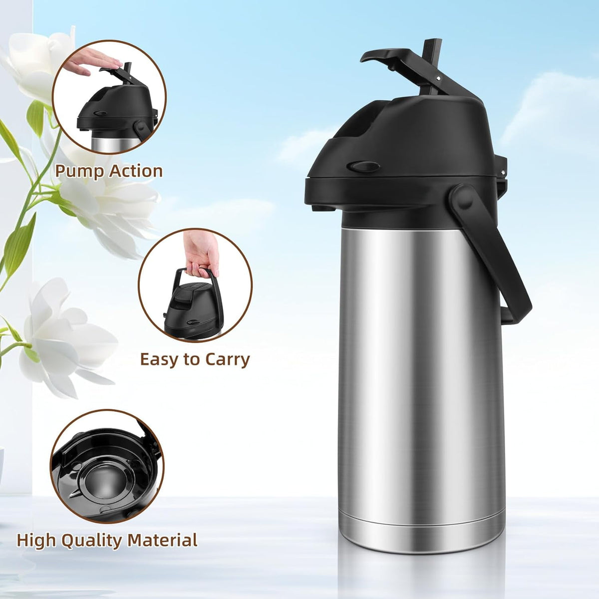 OhhGo Thermal Coffee Carafe with Pump, 64OZ/1.9L Stainless Steel Coffee Dispenser for Keeping Hot - Large Airpot Coffee Thermos, Leakproof Hot Water Beverage Dispenser for Hot Drinks Tea Liquid