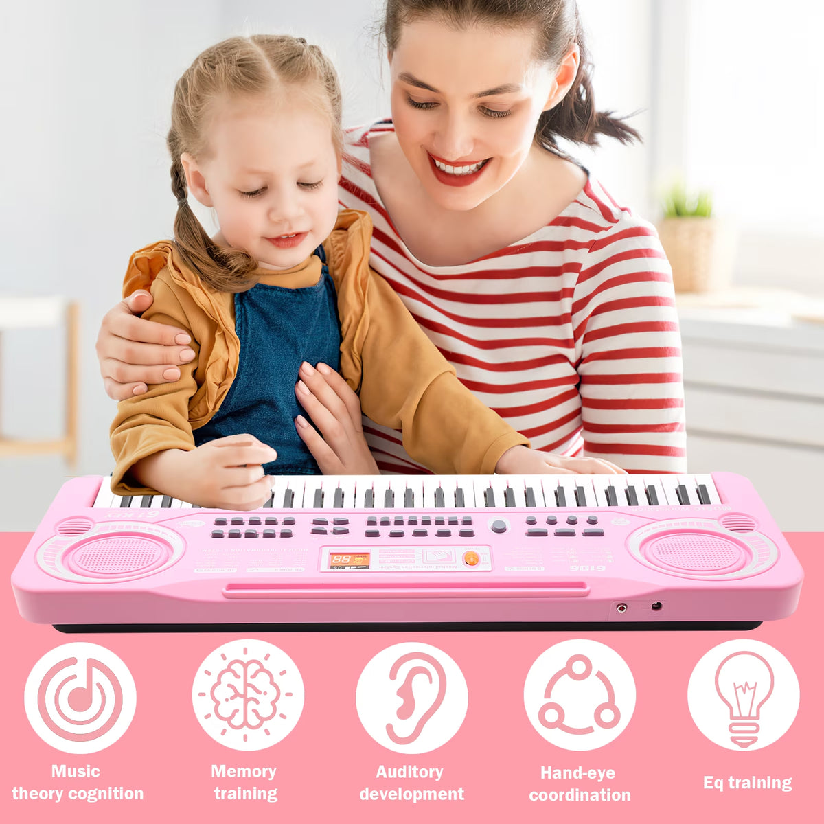 Haokaini Electronic Kids Piano Keyboard, 61 Keys Music Keyboard with Microphone, Kids Musical Educational Instrument, Portable Electronic Piano for Beginners Girls And Boys, Pink