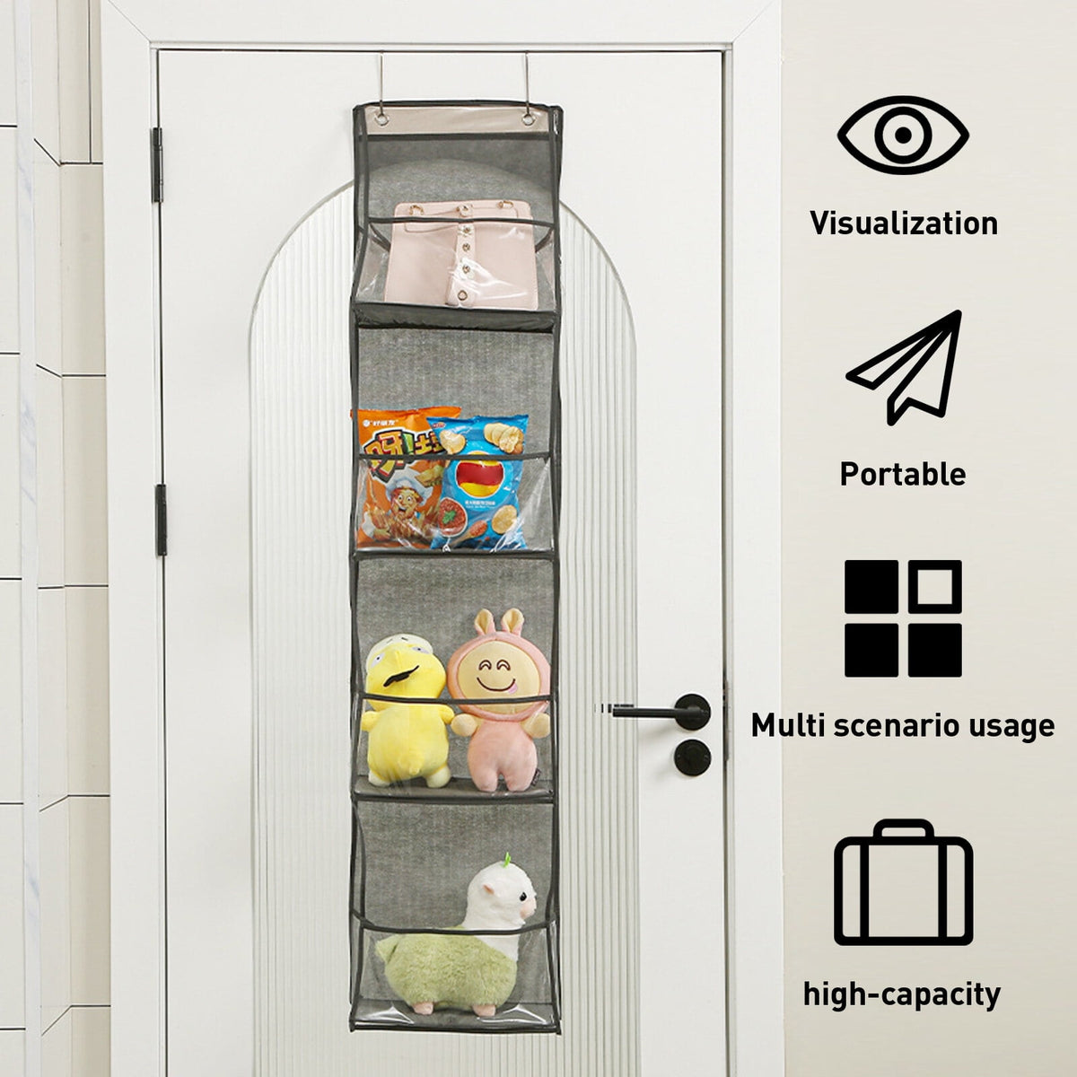 OhhGo Over The Door Hanging Pantry Organizer 4-Shelf Behind The Door Storage Organizer with Clear Plastic Pockets Large Capacity for Closet Bedroom Bathroom (Grey)