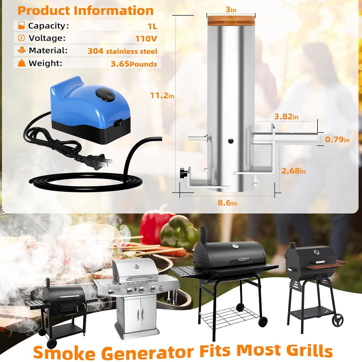 FAMKIT Electric Hot and Cold Smoke Generator with Lid & Air Pump, Portable Barbecue Smoker, Stainless Steel Wood Chips Pellets Smoker, Grill Accessory BBQ Tools for DIY Smoking Meat Vegetable