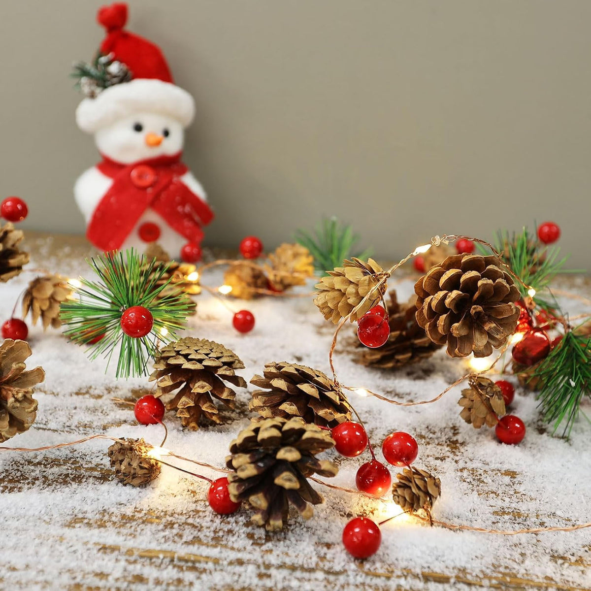 Haokaini Christmas Garland with Lights, 6.56FT Christmas String Lights with Red Berries, Needles, Pine Cones, 20 LED Battery Operated Garland for Christmas Decorations Indoor/Outdoor(Not Included Batteries)