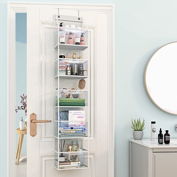 OhhGo Over the Door Organizer, 6-Shelf Closet Hanging Pantry Storage with Clear Plastic Pockets, Behind the Door Storage for Baby Nursery, Bathroom, Bedroom, and Dorm, White
