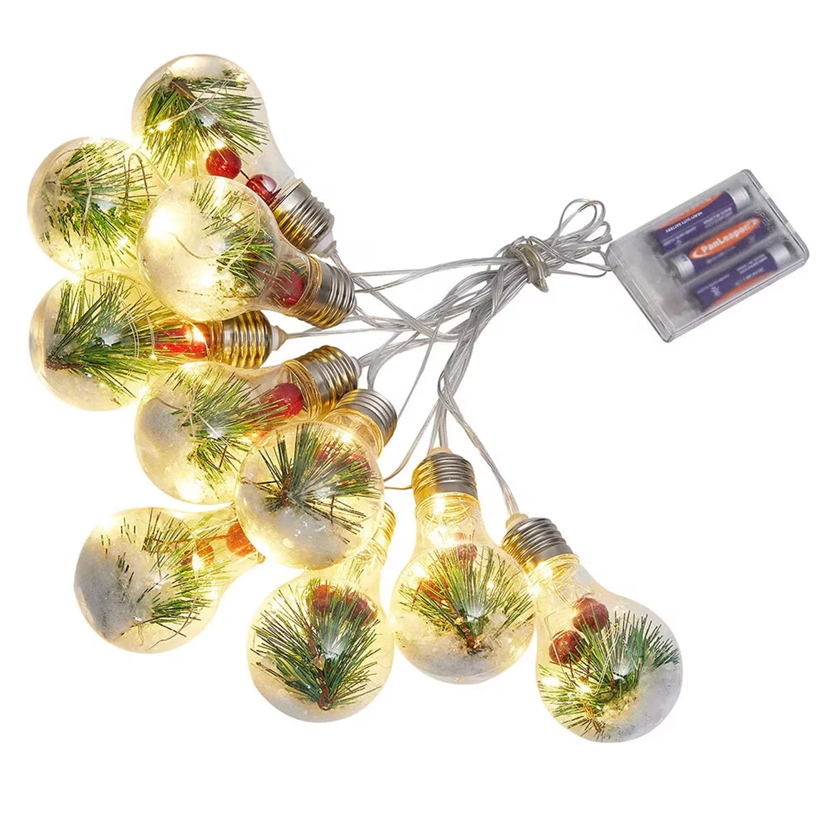 FAMKIT Christmas Snow Globe String Lights, 10 LED Bulb Fairy Lights with Green Pine Berry Snowflake, Battery Operated Hanging Xmas Tree Lights Indoor Outdoor for Home Garden Patio Wedding Party, 13FT