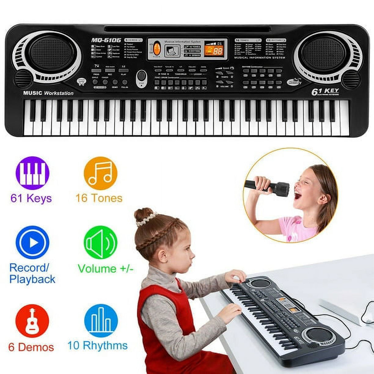 Haokaini Electronic Piano Keyboard for Kids, 61 Keys Beginner Electric Piano with Microphone, Digital Music Piano, Portable Electronic Keyboard Piano, Musical Instrument Piano Toys for Girls Boys Gift