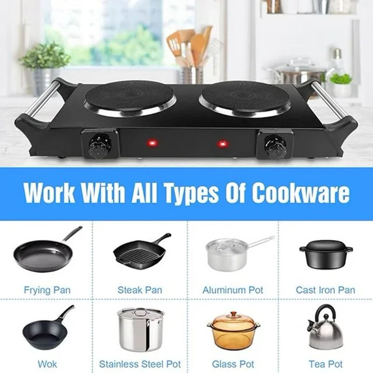 Haokaini Double Countertop Burner, 2000W Electric Hot Plate and Stove with 5 Temperature Controls, Portable Lightweight Burner Cooktop for Cooking, Dorms, Apartments, RV, Compatible Cookware, Black