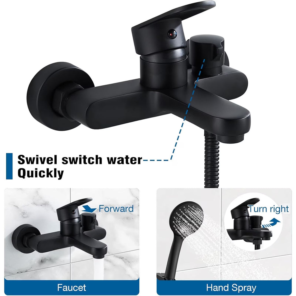 Diceevil Matte Black Bathtub Faucet with Hand Shower Sprayer, Single Handle Shower Mixer Tap with 1.5m Hose, Center Bathroom Tub Faucet, Bathtub Mixer Tap with Shower Head 3 Functions, Bath Fittings Set