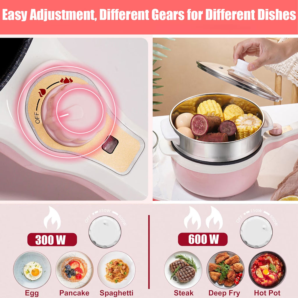 FAMKIT 1.8L Electric Cooking Pot, 2 Power Electric Hot Pot with Steamer, Portable Multifunctional Non-Stick Pan, Mini Hot Pot Noodles Travel Cooker for Dorm, Home, Apartments, Hotel, Pink
