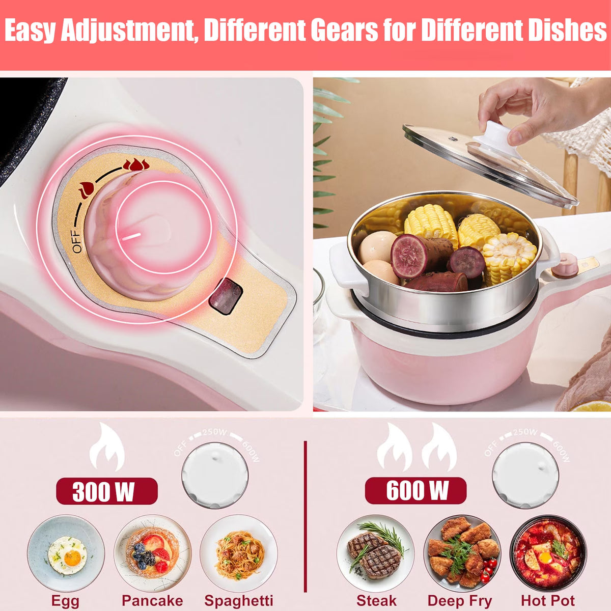 FAMKIT 1.8L Electric Cooking Pot, 2 Power Electric Hot Pot with Steamer, Portable Multifunctional Non-Stick Pan, Mini Hot Pot Noodles Travel Cooker for Dorm, Home, Apartments, Hotel, Pink