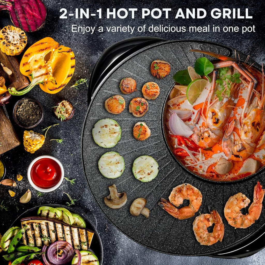 FAMKIT Electric Hot Pot and Grill Combo, 110V Hot Pot with Grill 2 in 1, Multifunctional Smokeless Korean Barbecue Grill, Capacity for 3-5 People, Suitable for Korean BBQ, Shabu and Soup
