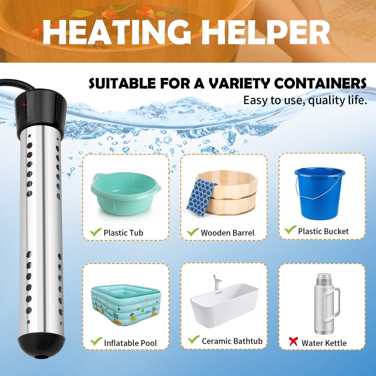 OhhGo Immersion Water Heater, 1500W Electric Bucket Heater Stainless-Steel Portable Submersible Water Heater for Inflatable Pool Bathtub, Basin