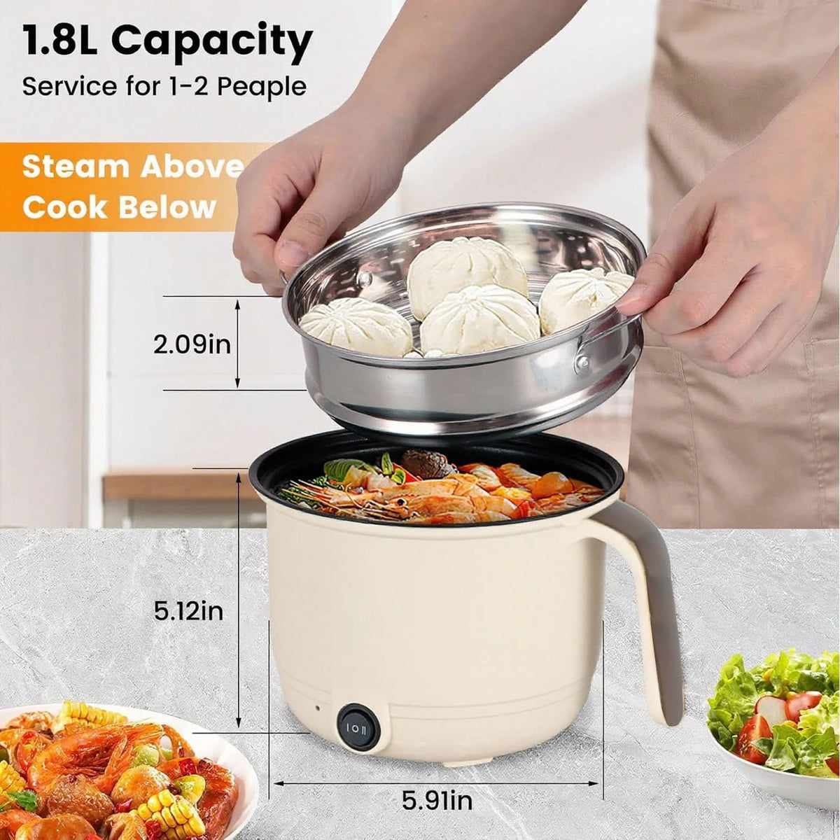 Diceevil 300W Electric Hot Pot with Steamer, 1.8L Portable Electric Cooking Pot, 2 Gear Mini Hot Pot, Travel Cooker, Non-Stick Pan Skillet Pot, Ramen Cooker Lazy Pot for Dorm, Families, Apartments, Hotel