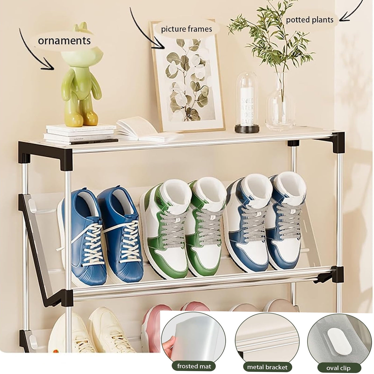 OhhGo Narrow Shoe Rack for Entrance, 6 Tiers Shoe Racks Tilted Shoe Rack Organizer with 5 Slanted Shelves for Closet Floor Entryway Hallway, Holds 18 Pairs Multifunctional Front Door Shoe Rack, 66cm/25.9‘’