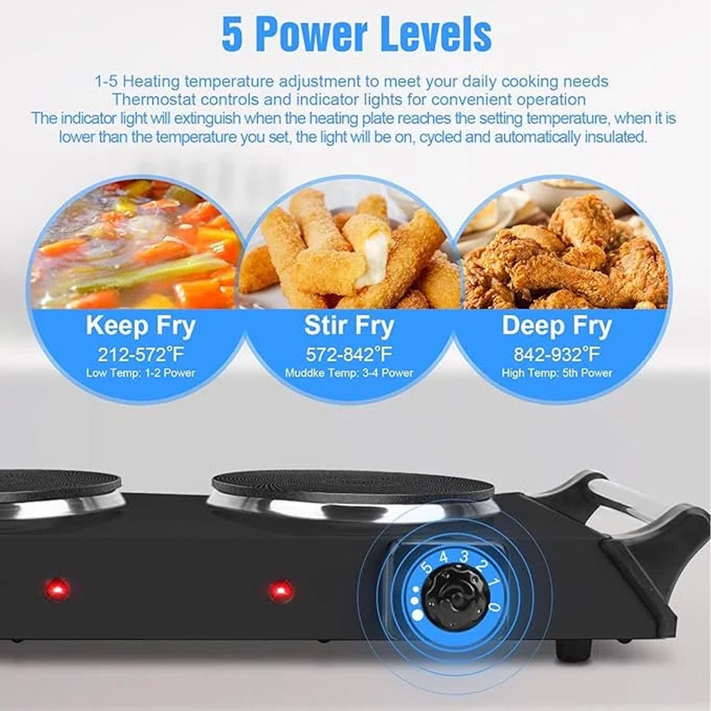 Diceevil 2000W Double Countertop Burner, Portable Electric Hot Plate and Stove with 5 Temperature Controls, Lightweight Burner Cooktop for Kitchen, Dorms, Apartments, RV, Black
