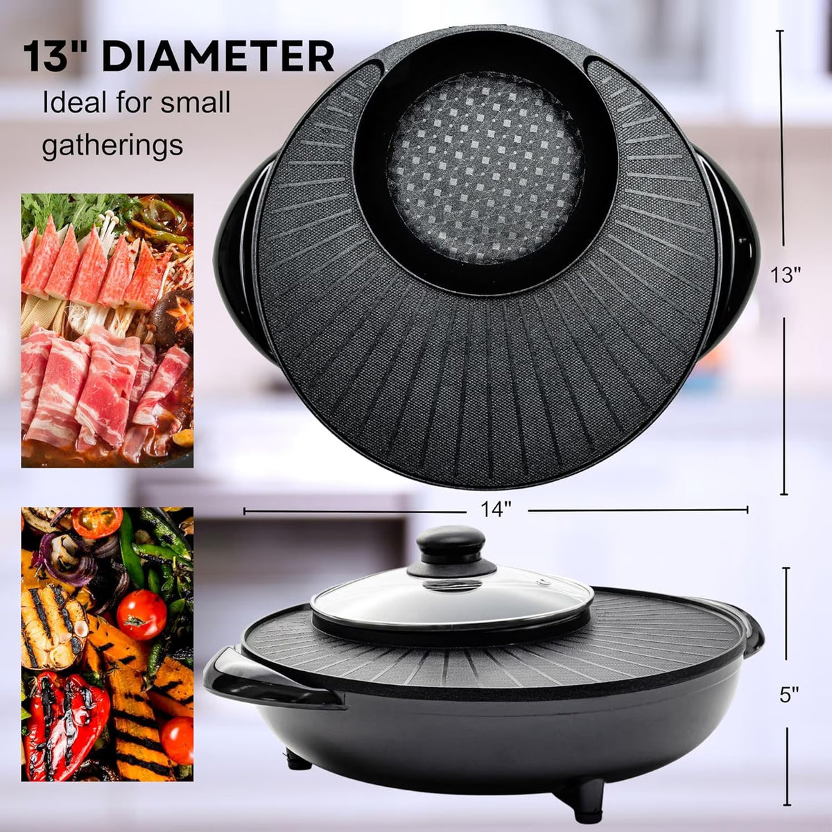 FAMKIT Electric Hot Pot and Grill Combo, 110V Hot Pot with Grill 2 in 1, Multifunctional Smokeless Korean Barbecue Grill, Capacity for 3-5 People, Suitable for Korean BBQ, Shabu and Soup