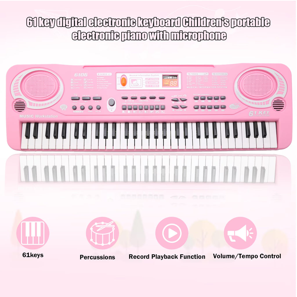 Haokaini Electronic Kids Piano Keyboard, 61 Keys Music Keyboard with Microphone, Kids Musical Educational Instrument, Portable Electronic Piano for Beginners Girls And Boys, Pink