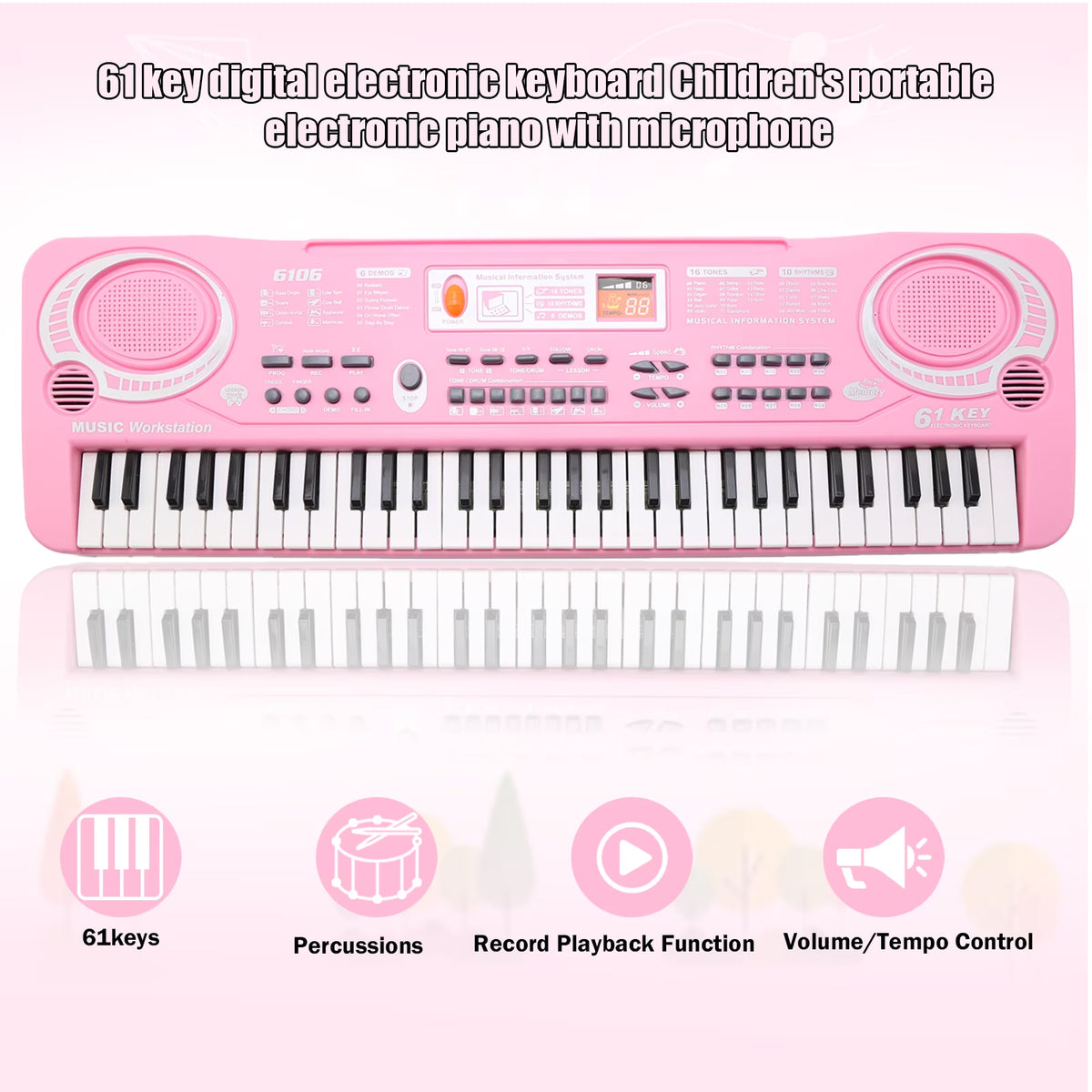 Haokaini Electronic Kids Piano Keyboard, 61 Keys Music Keyboard with Microphone, Kids Musical Educational Instrument, Portable Electronic Piano for Beginners Girls And Boys, Pink