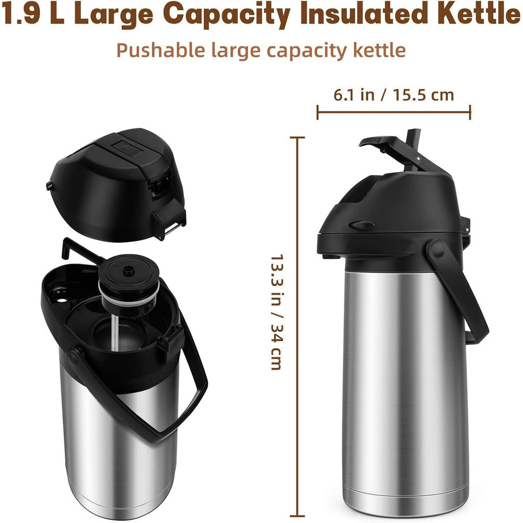 OhhGo Thermal Coffee Carafe with Pump, 64OZ/1.9L Stainless Steel Coffee Dispenser for Keeping Hot - Large Airpot Coffee Thermos, Leakproof Hot Water Beverage Dispenser for Hot Drinks Tea Liquid